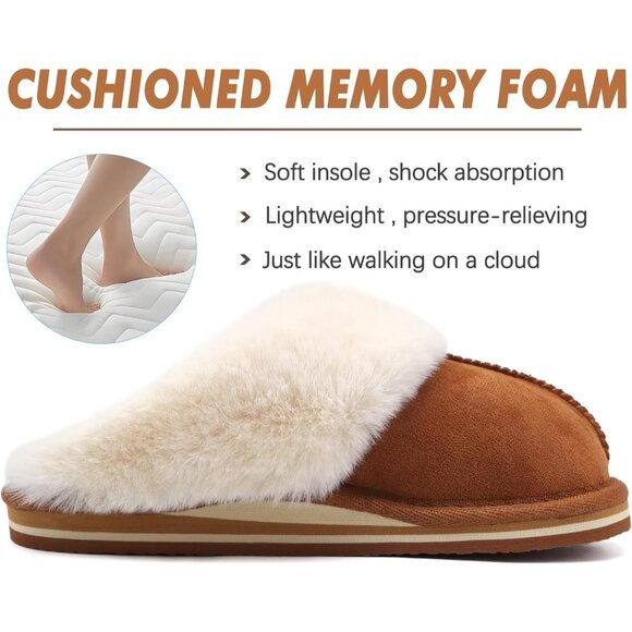 ⚡Women Chestnut Suede Fluff Dual Memory Foam Arch Support Warm Scuff Slipper - Picture 4 of 7